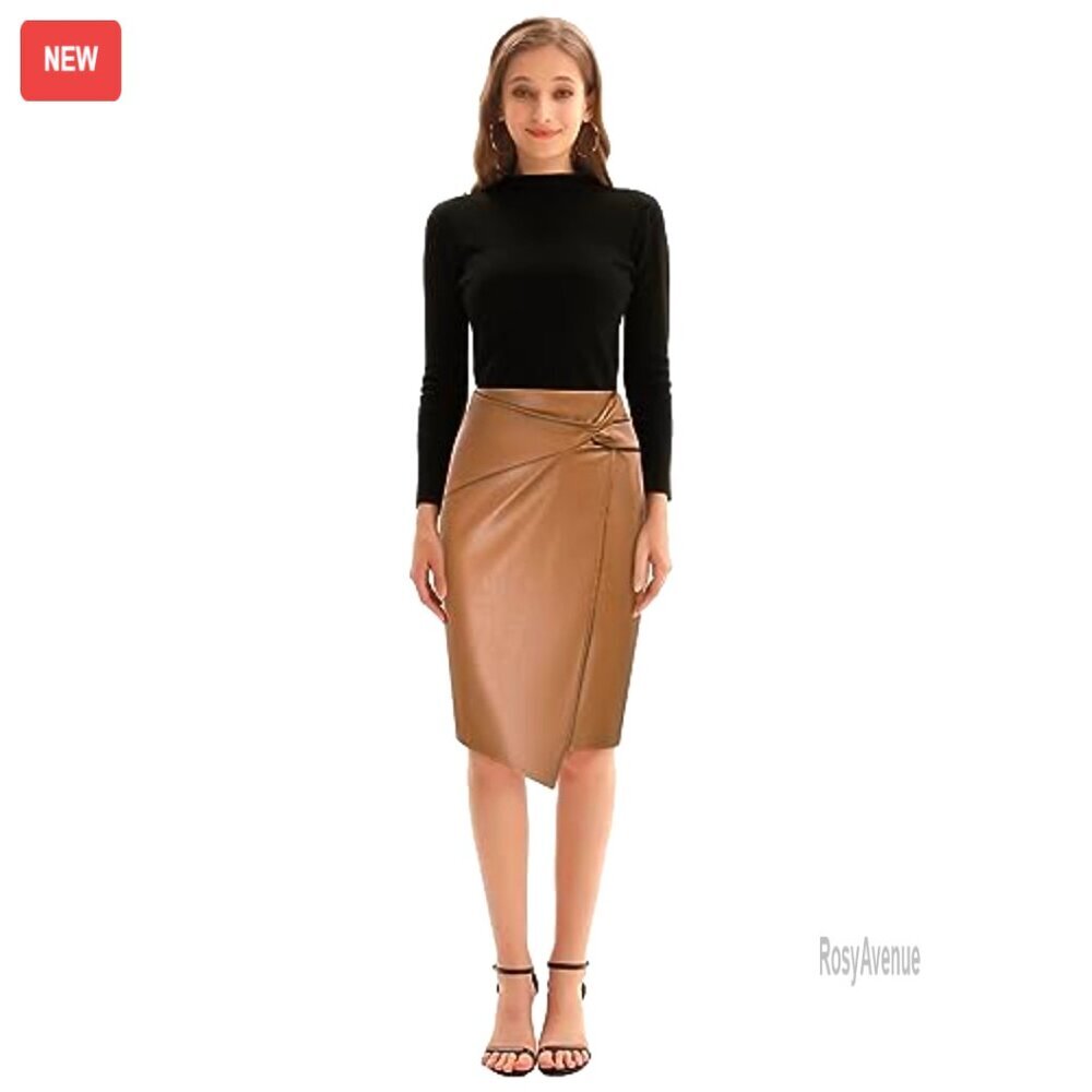 Faux Leather High Waist Wrap Midi Skirt, Stretchy PU, Business Casual Pencil - Picture 6 of 7